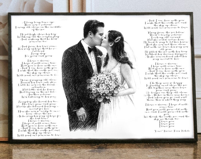 Wedding vows with custom portrait - Wedding Vow Art - Wedding Vow Keepsake - Wedding Vow wall art Wedding Vow paper anniversary gift custom