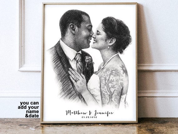 Personalized Drawing Art Boyfriend Gift Kiss Portrait Charcoal