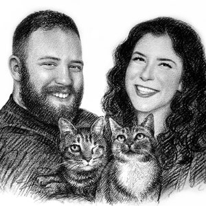 May include: A black and white pencil drawing of a couple with two cats. The couple are smiling and the cats are looking at the viewer.
