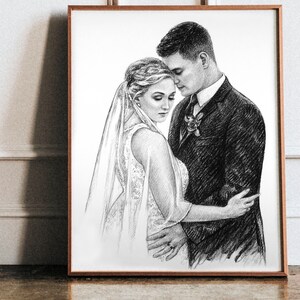 May include: A black and white pencil drawing of a bride and groom embracing. The bride is wearing a white dress and veil, and the groom is wearing a suit. The couple is looking at each other with love and affection.