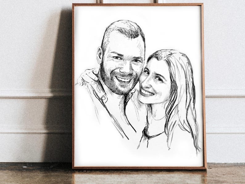 Couple wedding portrait, Custom Sketch hand drawn portrait, Custom drawing from photo, Personalized painting, Anniversary gift for husband image 3