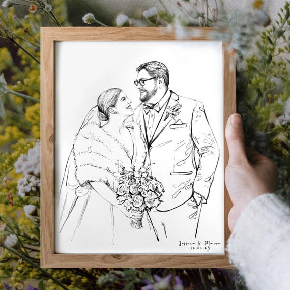 Couple wedding portrait, Custom Sketch hand drawn portrait, Custom drawing from photo, Personalized painting, Anniversary gift for husband