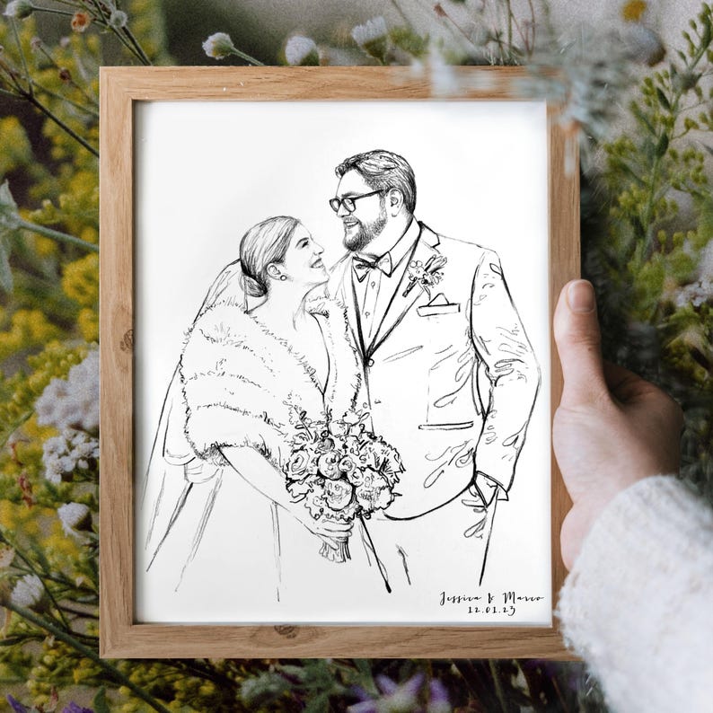 Couple wedding portrait, Custom Sketch hand drawn portrait, Custom drawing from photo, Personalized painting, Anniversary gift for husband image 1