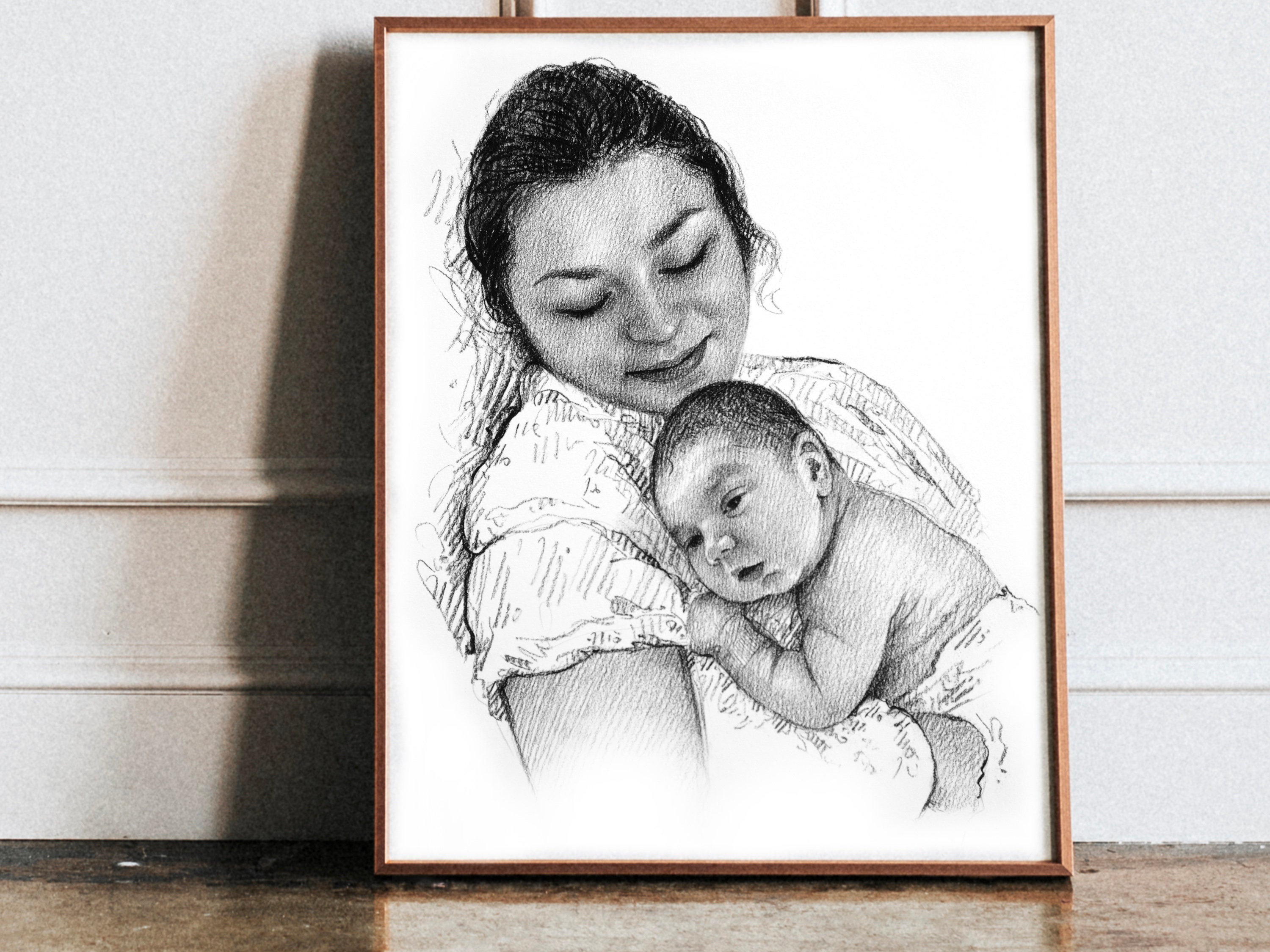 Gift for new mom, Custom nursery wall art, Personalized Gift for Wife, Charcoal drawing from photo