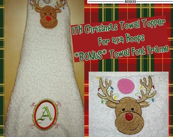 ITH Embroidery Towel Topper - ITH Machine Embroidery Design for 4x4 hoops - Christmas Reindeer Towel Topper Embroidery Design