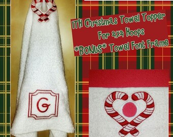 ITH Embroidery Towel Topper - ITH Machine Embroidery Design for 4x4 hoops - Christmas Candy Cane Heart Towel Topper Embroidery Design