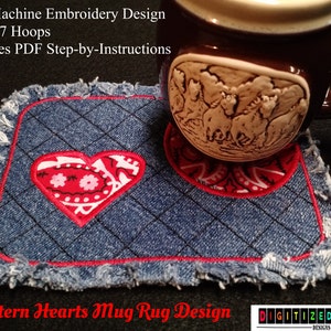 ITH Mug Rug Western Hearts Design - Western Embroidery Design In The Hoop Embroidery ITH Designs -Heart Embroidery Mug Rug for 5x7 Hoops