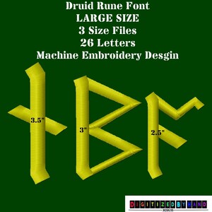 May include: Three sizes of embroidered letters in a yellow gold color, in a large, bold, rune font. The letters are "H", "B", and "F". The letters are 3.5 inches, 3 inches, and 2.5 inches tall, respectively. The background is a dark green.