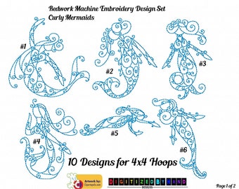 Mermaid Redwork Embroidery Design Set - Curly Mermaid Embroidery Design - Swirly Mermaid - Redwork Set 4x4 -pes jef exp vip vps dst hus