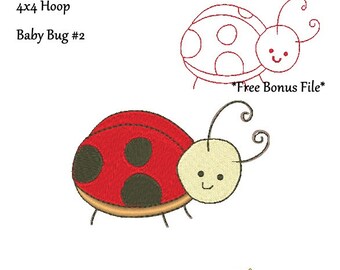 Baby Bug 2 Ladybug Machine Embroidery Design - Digitized By Hand - 4x4 Hoop - PES DST HUS Bonus Redwork Embroidery Design