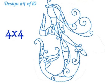 Mermaid Redwork Embroidery Design 4 of 10 - Curly Mermaid Embroidery Design - Swirly Mermaid - Redwork Set 4x4 - pes jef exp vip vps dst hus