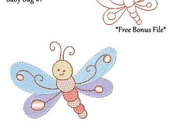 Baby Bug 1 Butterfly Machine Embroidery Design - Digitized By Hand - 4x4 Hoop - PES DST HUS Bonus Redwork Embroidery Design