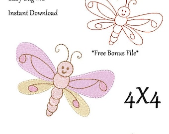 Baby Bug 10 Cheery Dragonfly Bug Machine Embroidery Design - Digitized By Hand - 4x4 Hoop - PES DST HUS Bonus Redwork Embroidery Design