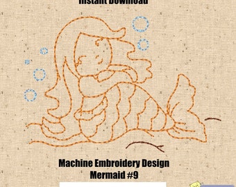 Redwork Embroidery Designs - Machine Embroidery Mermaid #9 Redwork Design - 4x4 Hoop