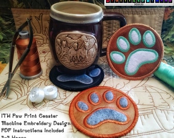 En el bordado de Paw impresión Coaster - vinilo marino bordado diseño - ITH máquina del bordado para 4 x 4 aros - perro gato bordado