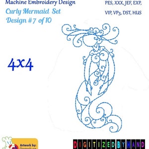 Mermaid Redwork Embroidery Design 7 of 10 - Curly Mermaid Embroidery Design - Swirly Mermaid - Redwork Set 4x4 - pes jef exp vip vps dst hus
