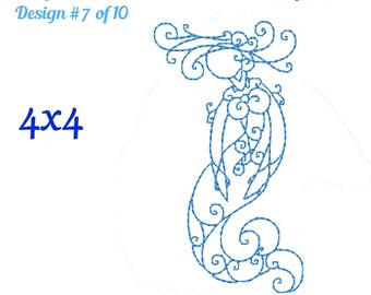 Mermaid Redwork Embroidery Design 7 of 10 - Curly Mermaid Embroidery Design - Swirly Mermaid - Redwork Set 4x4 - pes jef exp vip vps dst hus