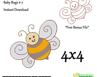 Baby Bug 7 Cheery Bumble Bee Bug Machine Embroidery Design - Digitized By Hand - 4x4 Hoop - PES DST HUS Bonus Redwork Embroidery Design
