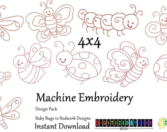 Baby Bug Set - 10 Redwork Machine Embroidery Design Pack/set - 4x4 Hoop - Caterpillar Embroidery Designs