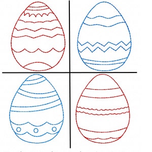 May include: Four machine embroidery designs for 4x4 hoops featuring Easter eggs with different patterns. The designs include a red egg with a wavy pattern, a blue egg with a zigzag pattern, a blue egg with stripes and dots, and a red egg with a wavy pattern.