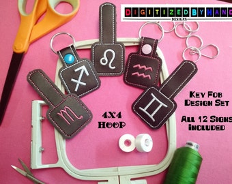 12 In the Hoop Key Fob Design Set -In The Hoop Embroidery Design project for 4x4 Hoop - Astrological signs ITH Key Fob set