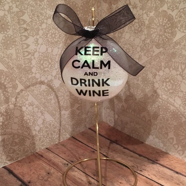 Christmas ornament, Keep Calm and Drink Wine plastic glitter ornament, Wine ornament, Adult ornament, Glitter ornament