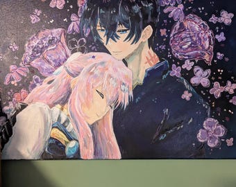 May include: An anime-style painting depicts a couple embracing, surrounded by purple flowers. The man has black hair and blue eyes, while the woman has pink hair. The background is dark blue, creating a romantic and dreamy atmosphere.