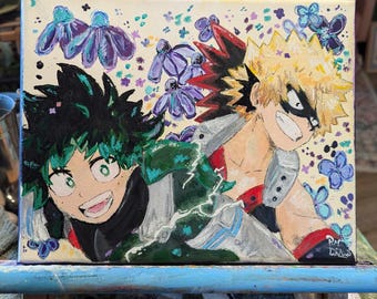 May include: A hand-painted canvas featuring two anime characters, one with green hair and the other with red and yellow hair. The characters are surrounded by colorful flowers and a lightning bolt. The canvas is signed "Rache" in the bottom right corner.