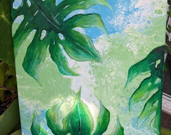 May include: A painting of green monstera leaves on a blue and green background. The leaves are painted in a realistic style and the background is abstract.