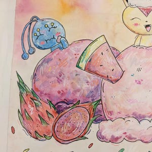 Victini, Manaphy, and Jirachi eating ice cream. Watercolor on paper. 12&quot;x16&quot;