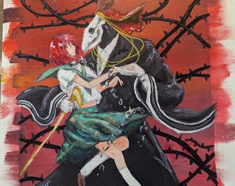 May include: An acrylic painting depicts a figure in a black coat and a skull-like head embracing a person with red hair and green clothing. The background is red with black thorny vines. The artist's signature is in the bottom right corner.