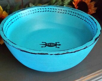 Vintage 11" wood bowl painted turquoise and black southwest Aztec gecko