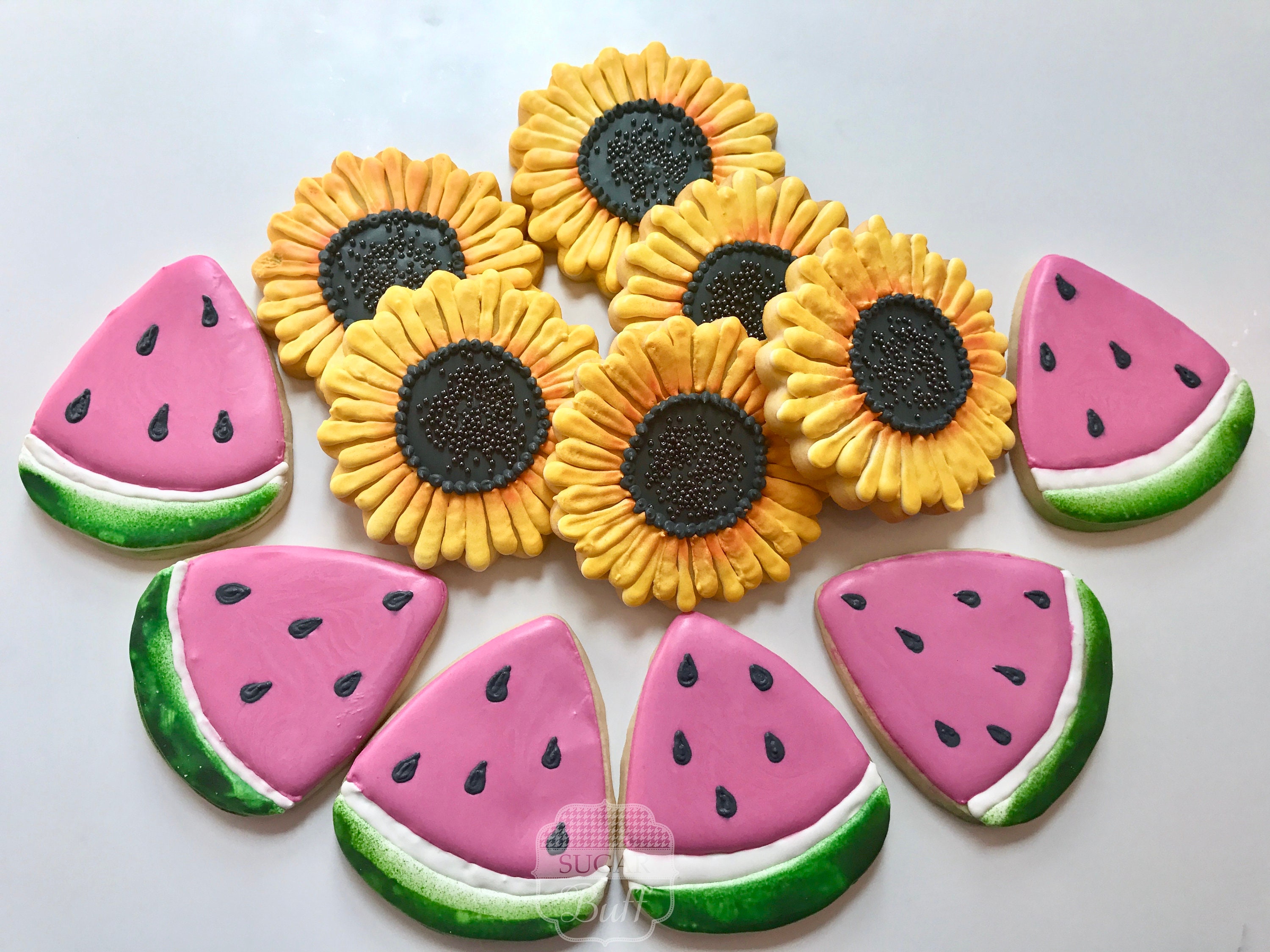 Sunflowers And Watermelon Decorated Sugar Cookies One Dozen Etsy