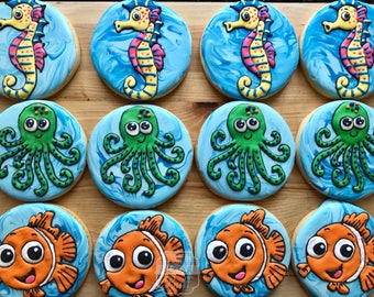 Under The Sea Decorated Cookies - One Dozen Ocean Creature Cookies - Fish, Seahorse, Octopus