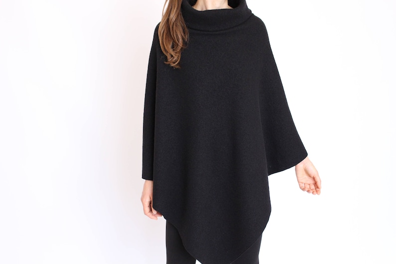 Pure Wool Cape Poncho Wrap Shawl Handmade Winter Poncho Women Wool Black Cape with High Collar for Women Womens Wool Poncho Sweater