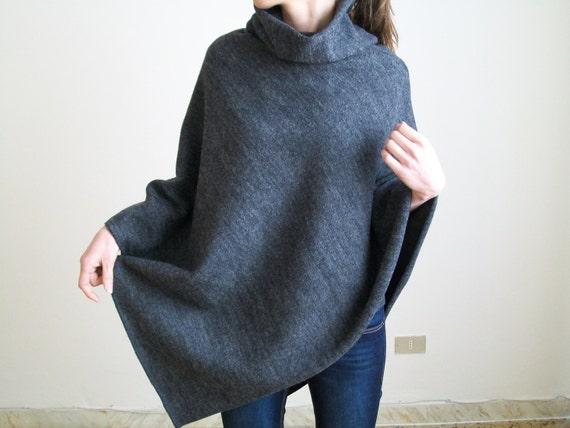Womens Wolle Poncho Reine Wolle Pullover Graue Wolle Cape Etsy