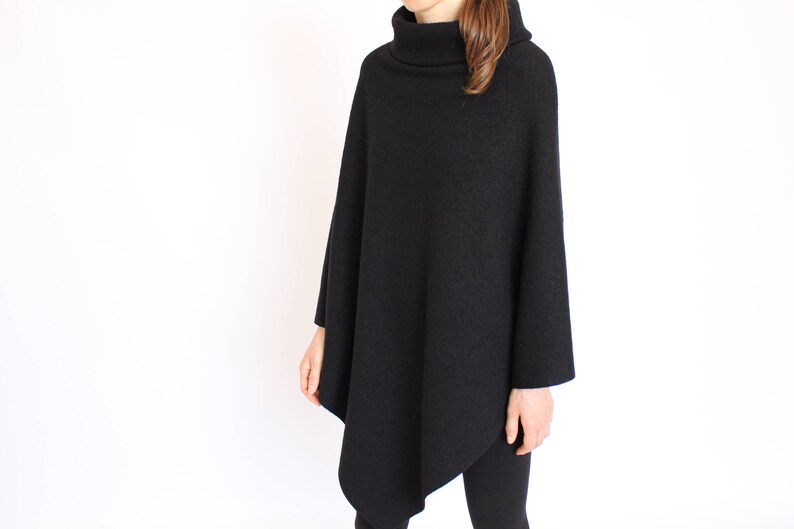 Pure Wool Cape Poncho Wrap Shawl Handmade Winter Poncho Women Wool Black Cape with High Collar for Women Womens Wool Poncho Sweater