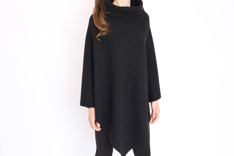 Pure Wool Cape Poncho Wrap Shawl Handmade Winter Poncho Women Wool Black Cape with High Collar for Women Womens Wool Poncho Sweater