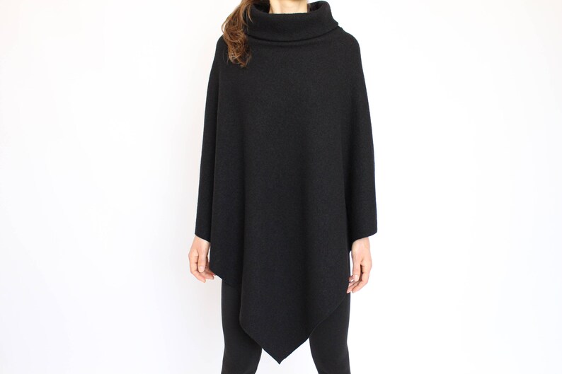 Pure Wool Cape Poncho Wrap Shawl Handmade Winter Poncho Women Wool Black Cape with High Collar for Women Womens Wool Poncho Sweater