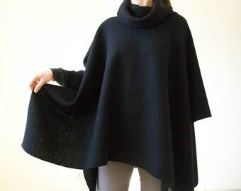 100% MERINO WOOL SHAWL / Womens Ponchos / Wool Cape Coat / Plus Size Clothing / Black Cape Women / Wool Poncho / High Collar Cloak / Poncho