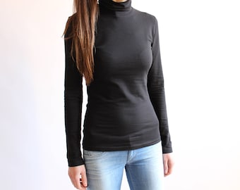 FloraMerHandmade Turtleneck Women Sweater / Cotton Blouses for Women / Cotton Jersey Turtleneck / Tight Shirt Women / Fitted Top / Minimalist High Neck Top