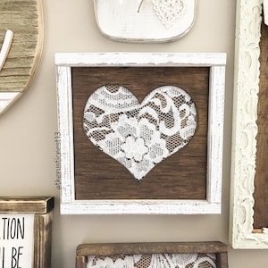 Framed Wood & Lace Heart Sign: Rustic Wedding Keepsake (8&quot; x 8&quot;)