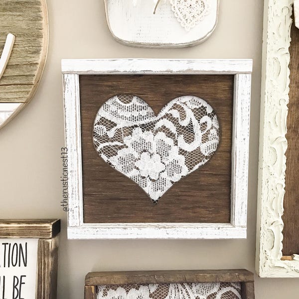 Framed wooden cutout heart with Lace Background | Wedding Keepsake | 13th wedding anniversary gift (8" x 8") TRN20