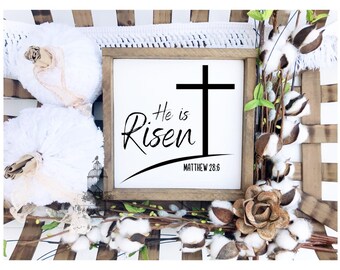 He is Risen Easter Sign: Rustic Wood Framed Decor (8x8)