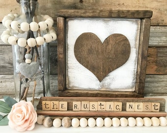 Framed Wooden Heart with distressed white background, Wooden Sign