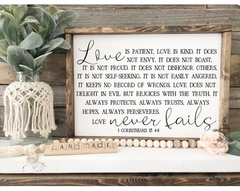Love is Patient Love is Kind | Love Never Fails | 1 Corinthians 13 | Master Bedroom Sign | Over the Bed Sign | Scripture Sign