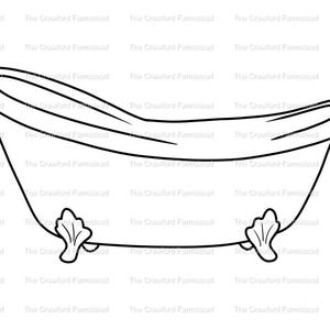 May include: A black and white line drawing of a bathtub with claw feet. The bathtub is empty and has a rounded shape.