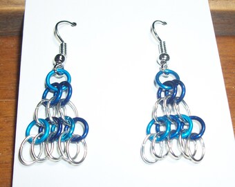 Blue and silver chain mail earrings