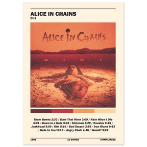 May include: A poster for Alice in Chains' "Dirt" album. The cover art shows a person in a desert scene. The band's name and album title are at the top, with a tracklist and album details at the bottom. The poster is from 1992.
