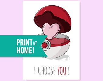 Romantic Pokemon Card | I Choose You | Printable Valentines Card | Pikachu Card | Engagement Gift | Printable Card - INSTANT DOWNLOAD